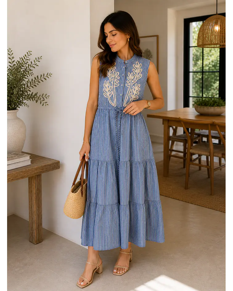 VESTIDO RISCAS COM BORDADO 
