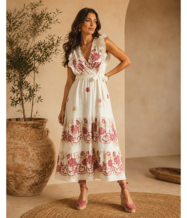 VESTIDO CRÚ COM PORMENORES BORDÔ