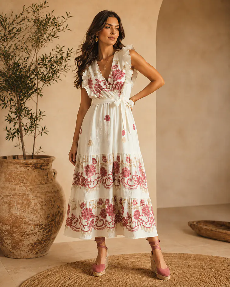 VESTIDO CRÚ COM PORMENORES BORDÔ