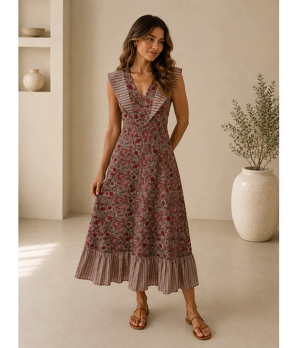 VESTIDO ESTAMPADO FOLHOS 
