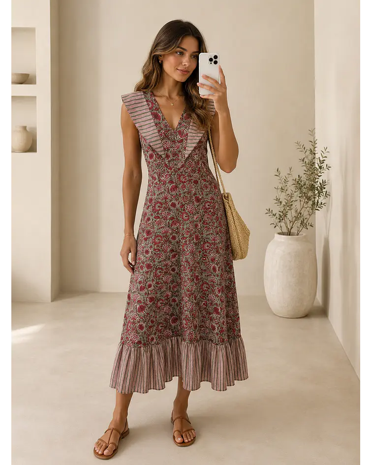 VESTIDO ESTAMPADO FOLHOS 