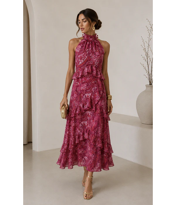 VESTIDO ESTAMPADO COM FOLHOS