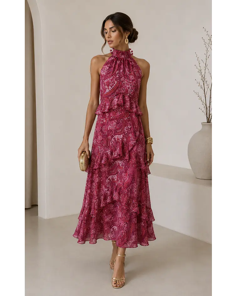 VESTIDO ESTAMPADO COM FOLHOS