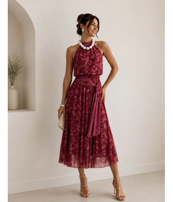 VESTIDO ESTAMPADO COM LAÇADA 