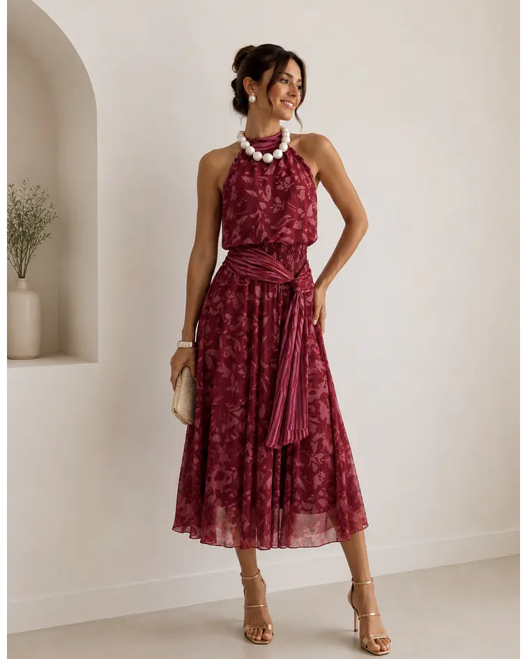 VESTIDO ESTAMPADO COM LAÇADA 