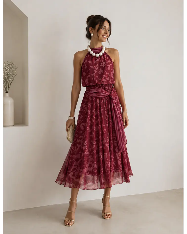 VESTIDO ESTAMPADO COM LAÇADA 