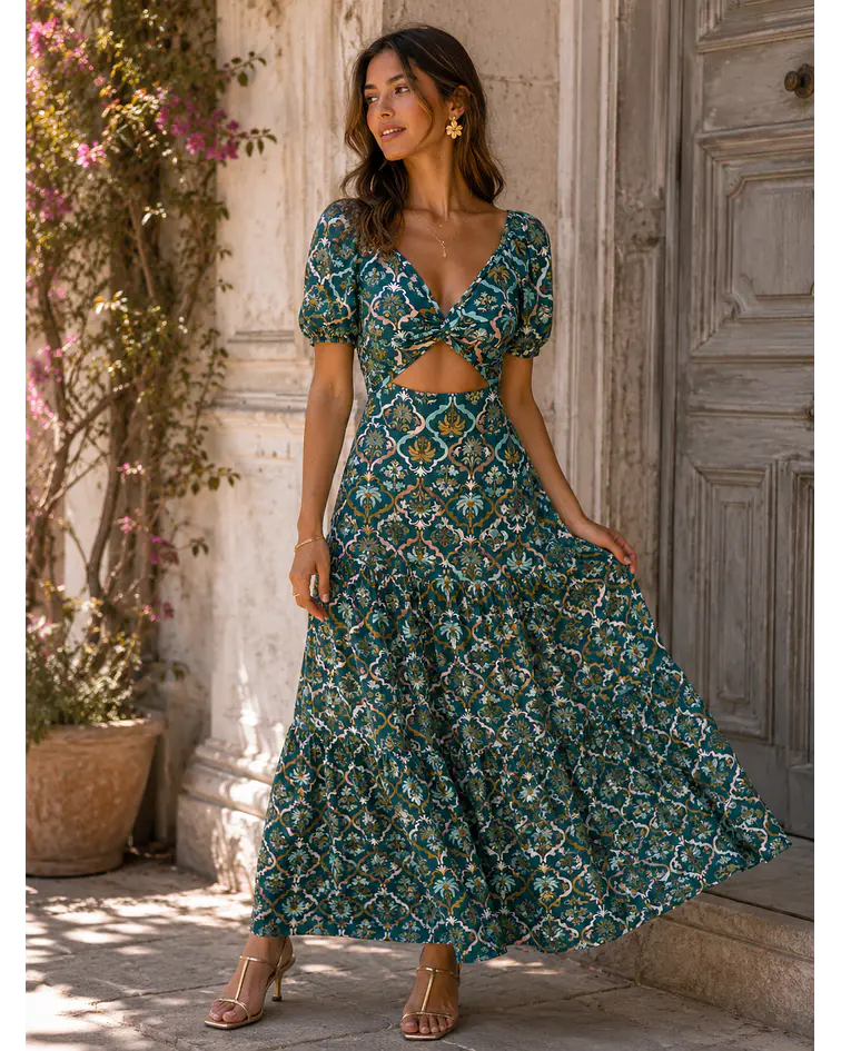 VESTIDO ESTAMPADO COM ABERTURA 