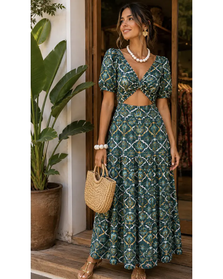 VESTIDO ESTAMPADO COM ABERTURA 