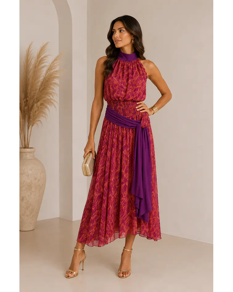 VESTIDO ESTAMPADO COM LAÇADA 