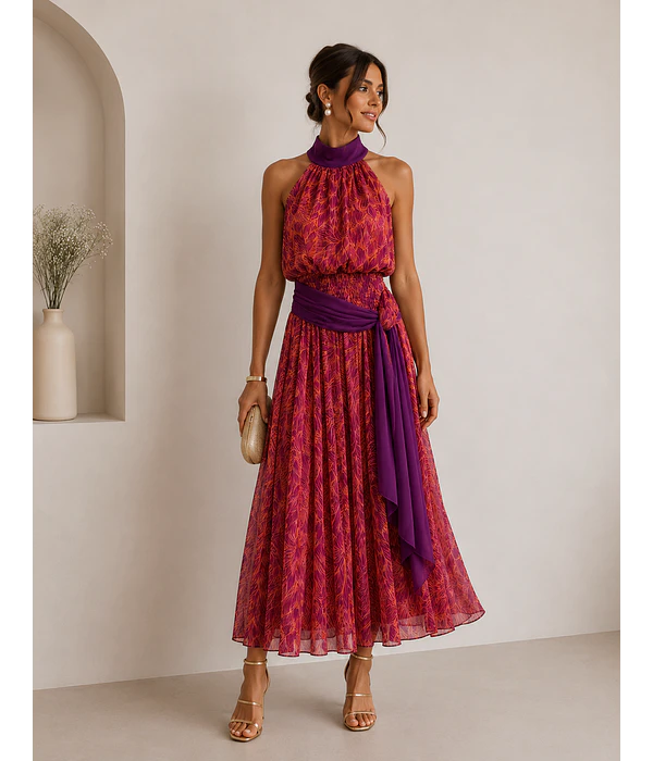VESTIDO ESTAMPADO COM LAÇADA 