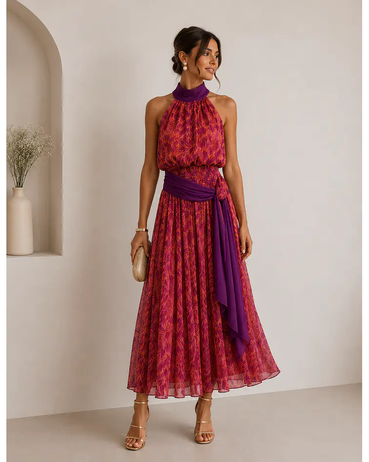 VESTIDO ESTAMPADO COM LAÇADA 
