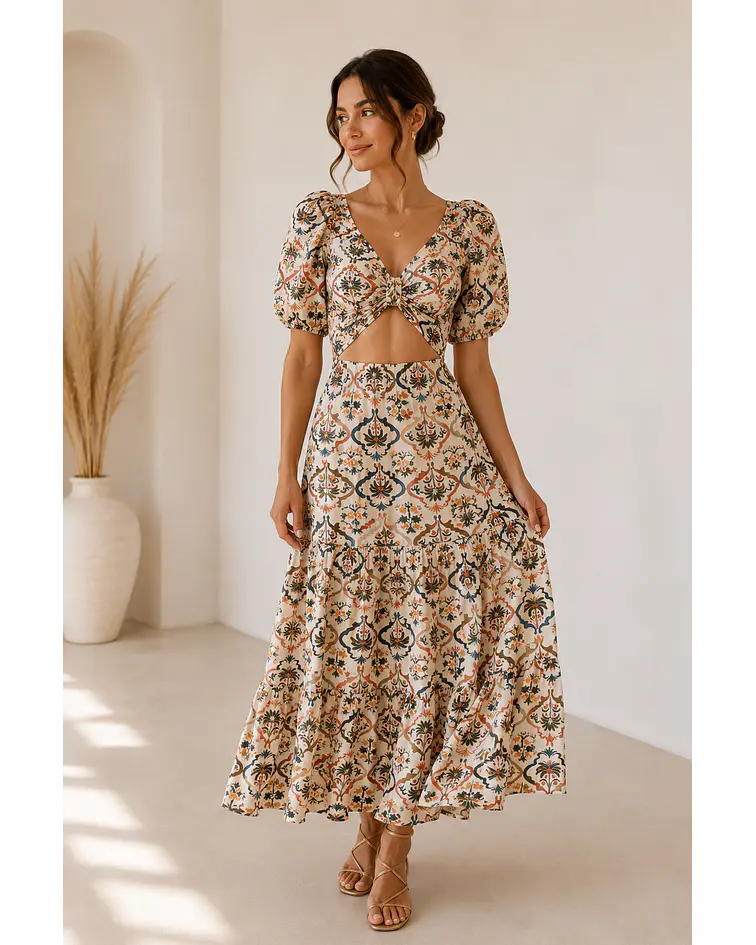 VESTIDO ESTAMPADO COM ABERTURA  