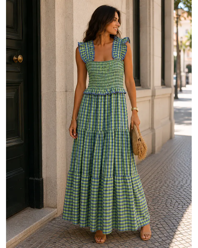 VESTIDO VICHY FOLHOS