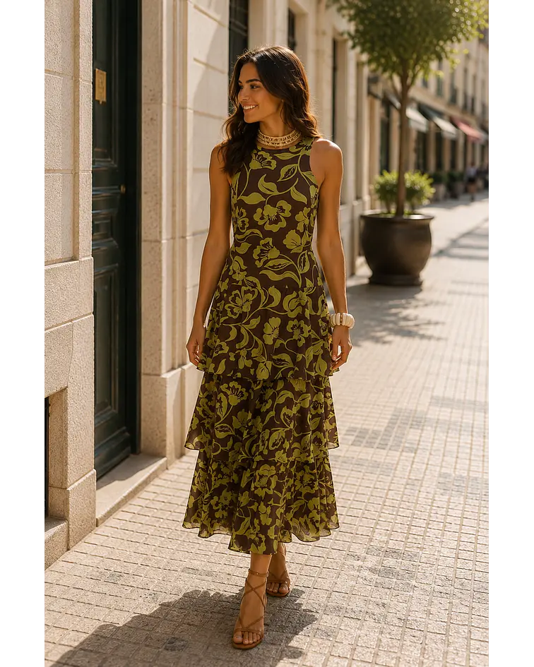 VESTIDO ESTAMPADO COM FOLHO