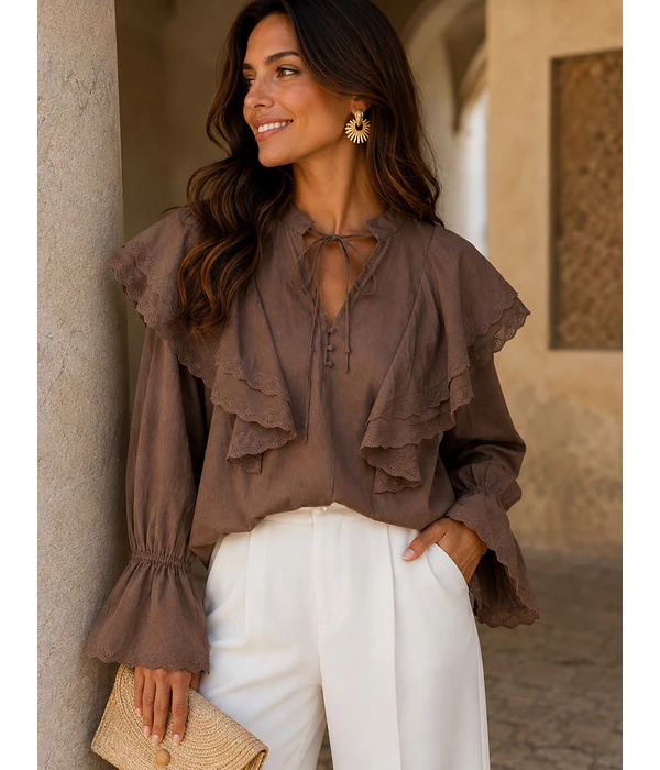 BLUSA CASTANHA FOLHOS