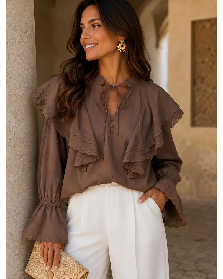 BLUSA CASTANHA FOLHOS