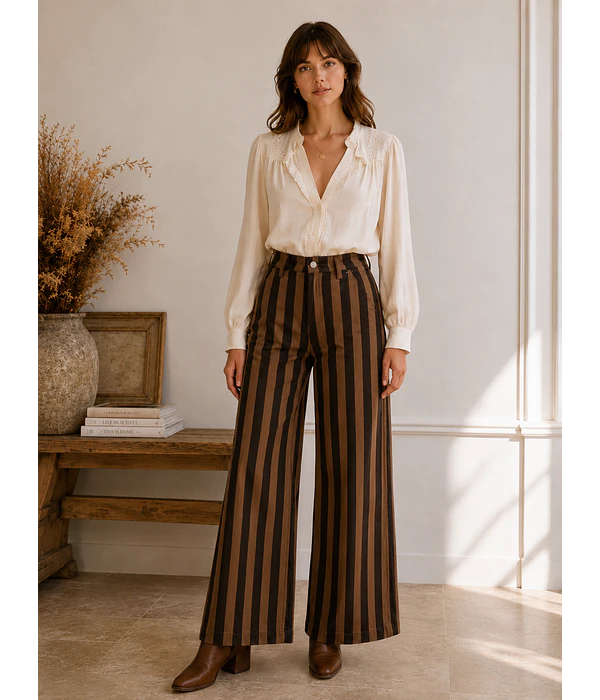 JEANS RISCAS CREME/CASTANHO