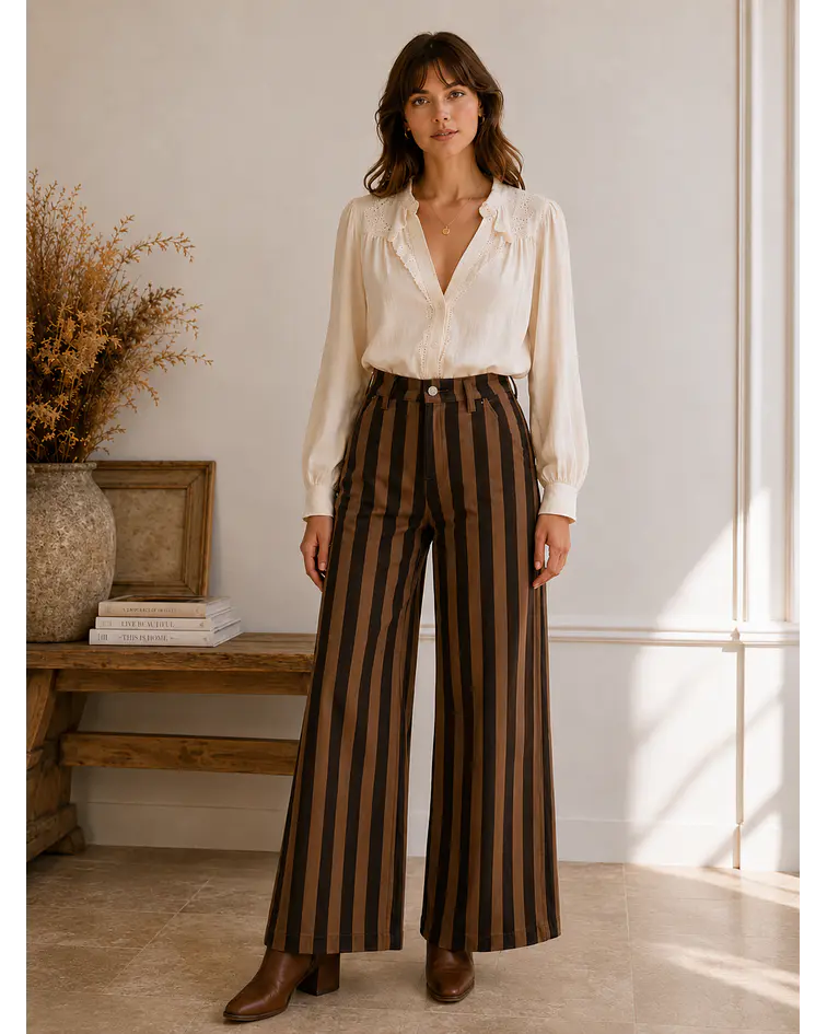 JEANS RISCAS CREME/CASTANHO