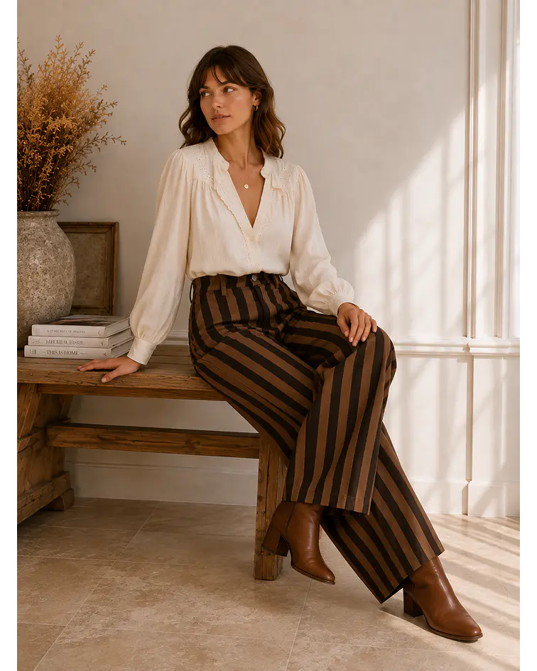 JEANS RISCAS CREME/CASTANHO