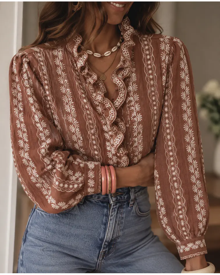 CAMISA BORDADA TERRACOTA