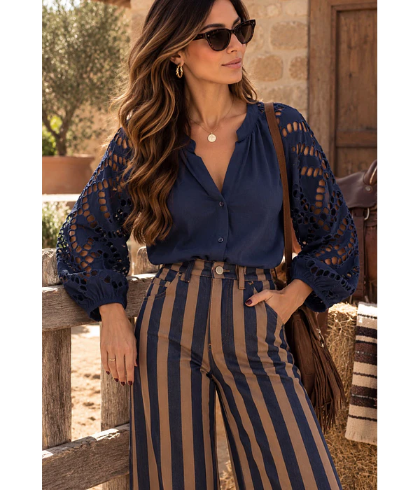 JEANS RISCAS CREME/AZUL