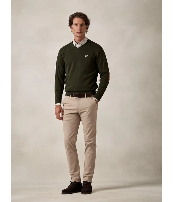 Camisola de Decote em V com Cotoveleiras - Verde Caça