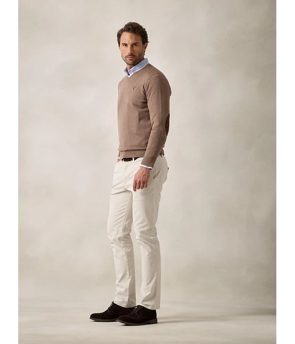 Camisola de Decote em V com Cotoveleiras - Taupe