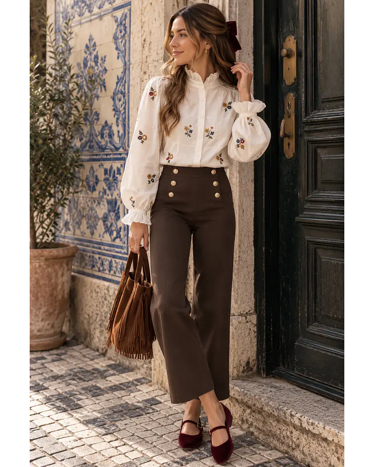 CAMISA BEGE COM FLORES BORDADAS 