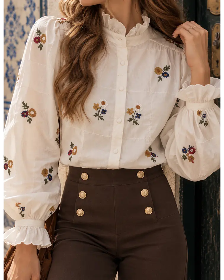 CAMISA BEGE COM FLORES BORDADAS 