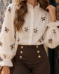 CAMISA BEGE COM FLORES BORDADAS 