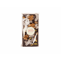 Barra sin azúcar de chocolate semi amargo con nuez, pistacho y coco