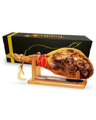 Caja Pata de Jamón Serrano Trujillo Et. Roja (6,5 kg. aprox.) + atril y cuchillo