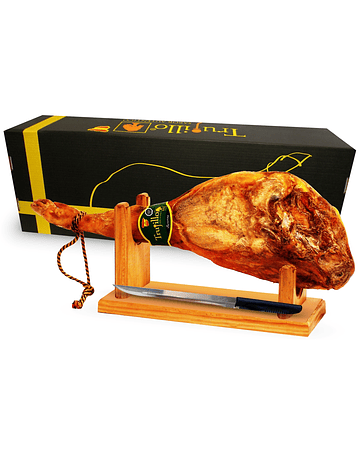 Caja Pata de Jamón Serrano Trujillo Et. Verde Reserva (6,5 kg aprox.) + atril y cuchillo.