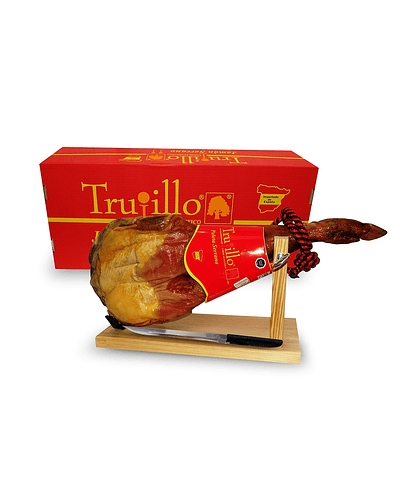 Caja Paleta de Jamón Serrano Trujillo Et. Roja - unidad (4,0 kgs. aprox.) + atril y cuchillo. 