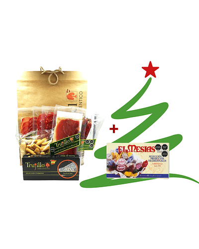PACK #5 Navideño: Jamón Serrano Et. Verde-Chorizo Vela-Fuet-Lomo-Bastones Camperos-Turrón Trujillo-Selección Dulces Españoles.