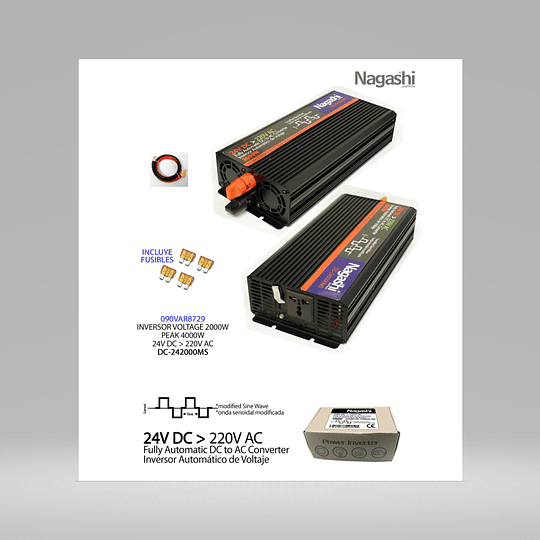 Inversor de voltaje 24V. DC a 220V. 2000W.