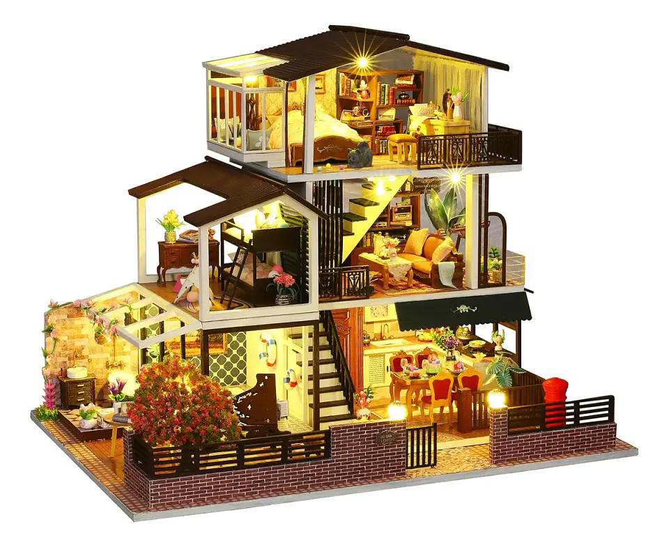 Casa Muñecas con Muebles Madera Miniatura 1:24 1