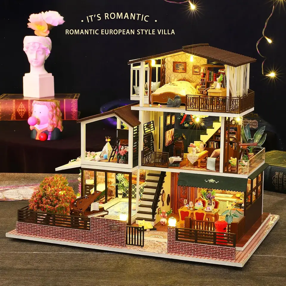 Casa Muñecas con Muebles Madera Miniatura 1:24 4