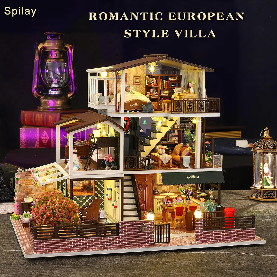 Casa Muñecas con Muebles Madera Miniatura 1:24 5