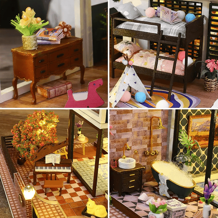 Casa Muñecas con Muebles Madera Miniatura 1:24 6