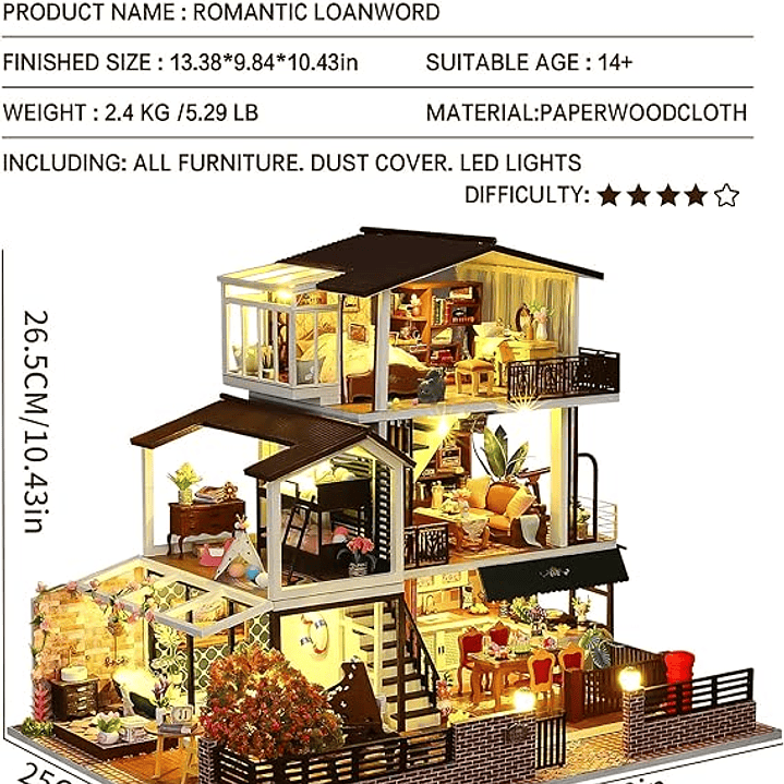 Casa en miniatura de muñecas, modelo de castillo grande hecho a mano, escala 1:24 3