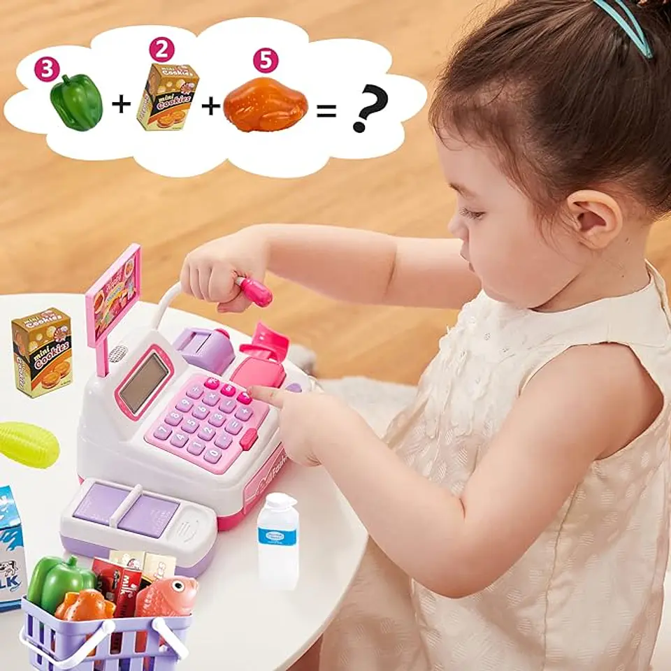  Caja registradora electrónica  de juguete  de 34 piezas con escáner y micrófono, ideal para juegos de rol y compras para niñas (rosa) 2