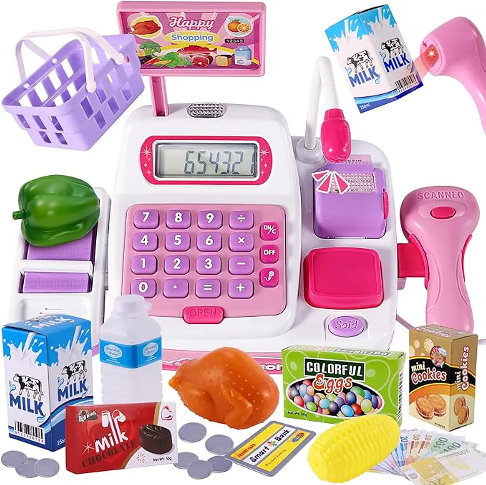  Caja registradora electrónica  de juguete  de 34 piezas con escáner y micrófono, ideal para juegos de rol y compras para niñas (rosa) 1