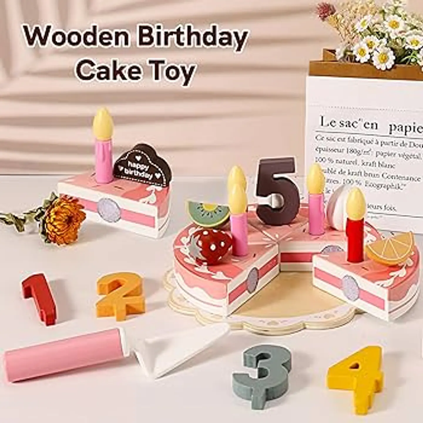 Amazon HERSITY Juguete de madera para cortar tartas de cumpleaños 3