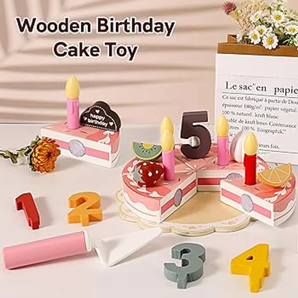 Amazon HERSITY Juguete de madera para cortar tartas de cumpleaños 3