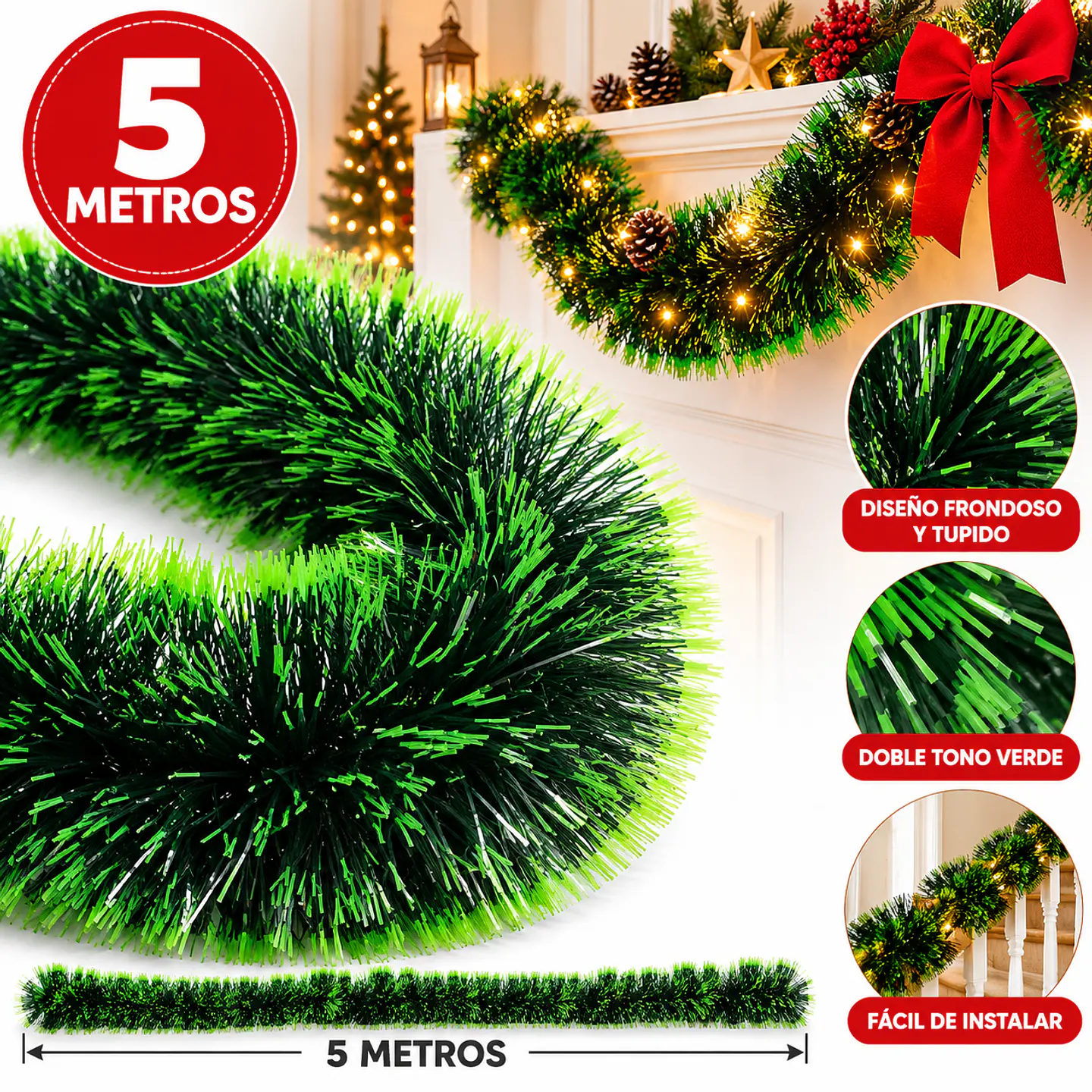 Pack 6 Guirnalda Navideña Espumillón 5 Metros Verde 6