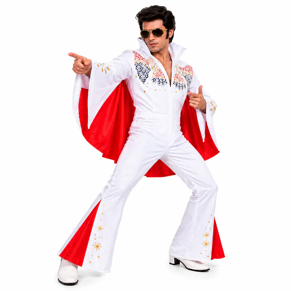 Disfraz Elvis Hombre Blanco con Capa Roja Rock & Roll 2