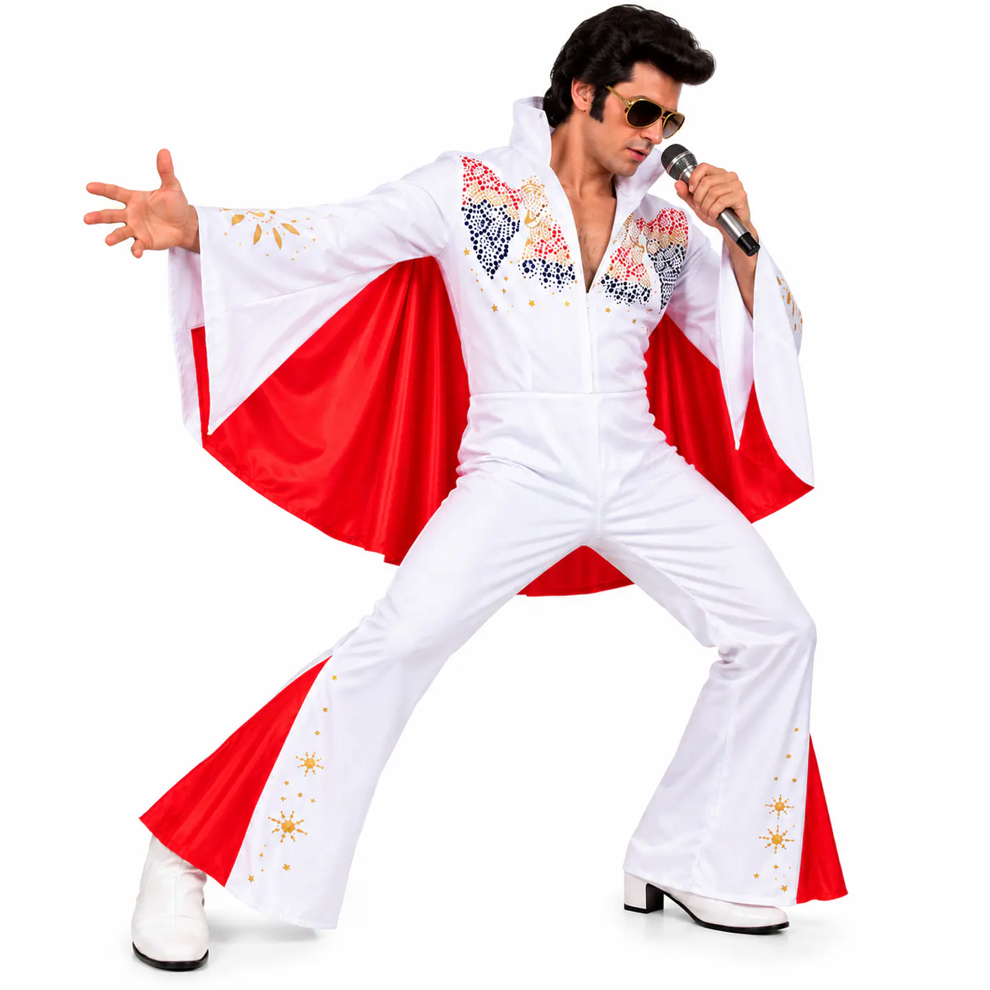 Disfraz Elvis Hombre Blanco con Capa Roja Rock & Roll 3