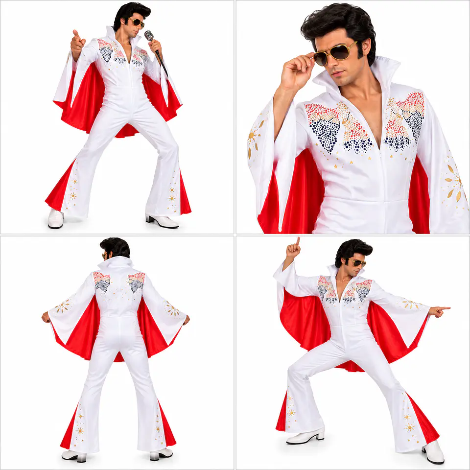 Disfraz Elvis Hombre Blanco con Capa Roja Rock & Roll 4