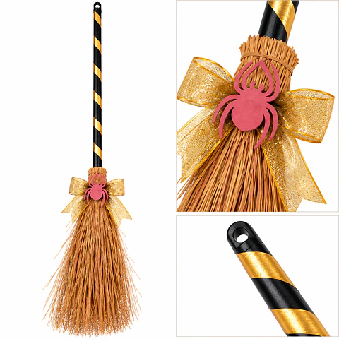 Escoba De Bruja Halloween Decorativa Dorada 80 Cm